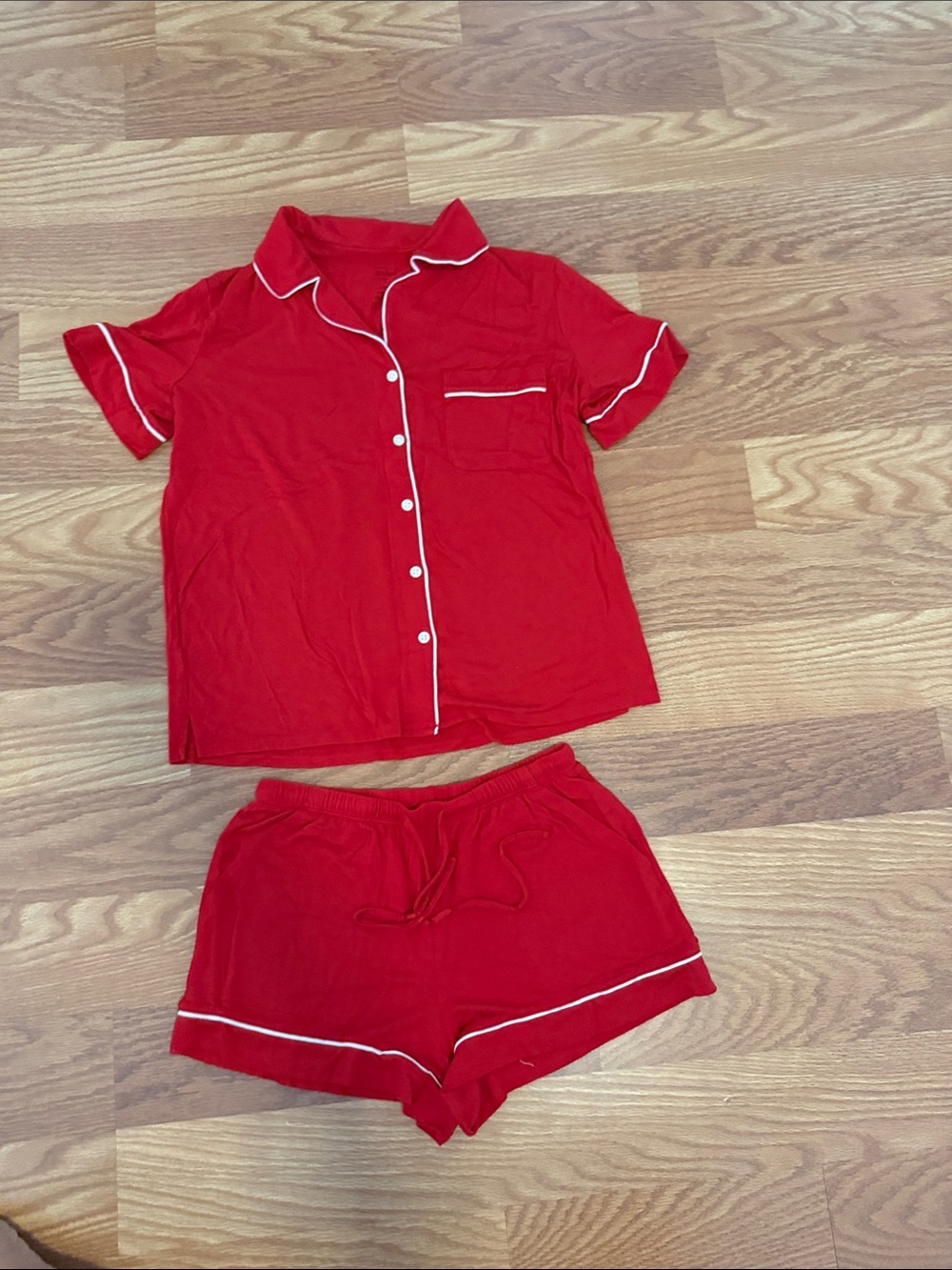 Women Red Two-Piece Pajama Set with White Piping